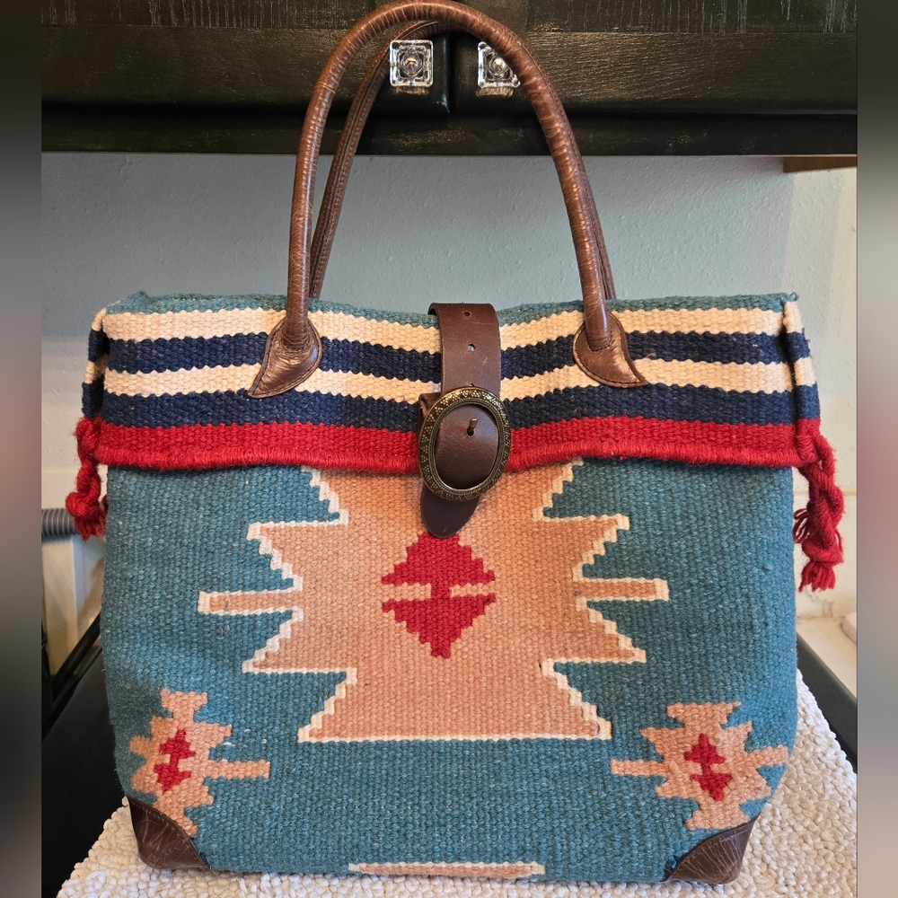 Ameri-Leather Large Wool Leather Tote Southwest Aztec Print - Picture 1 of 11